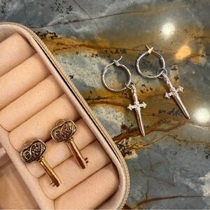Silver cross earrings and vintage gold key earring bundle